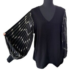 Chico's Black V-Neck Sweater Metallic Gold Pleated Balloon Sleeve Top Size 3 XL